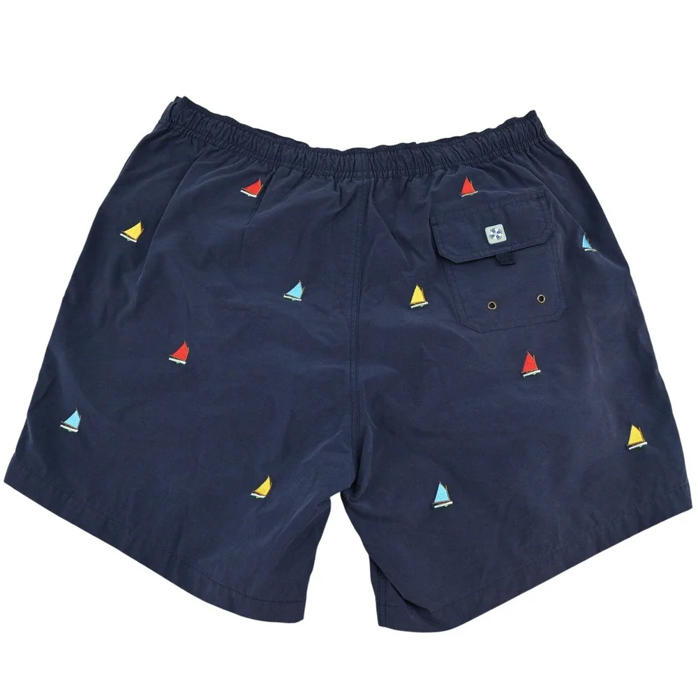Castaway Nantucket Island Mens Navy Blue Sailboat Embroidered Swim Trunks Medium